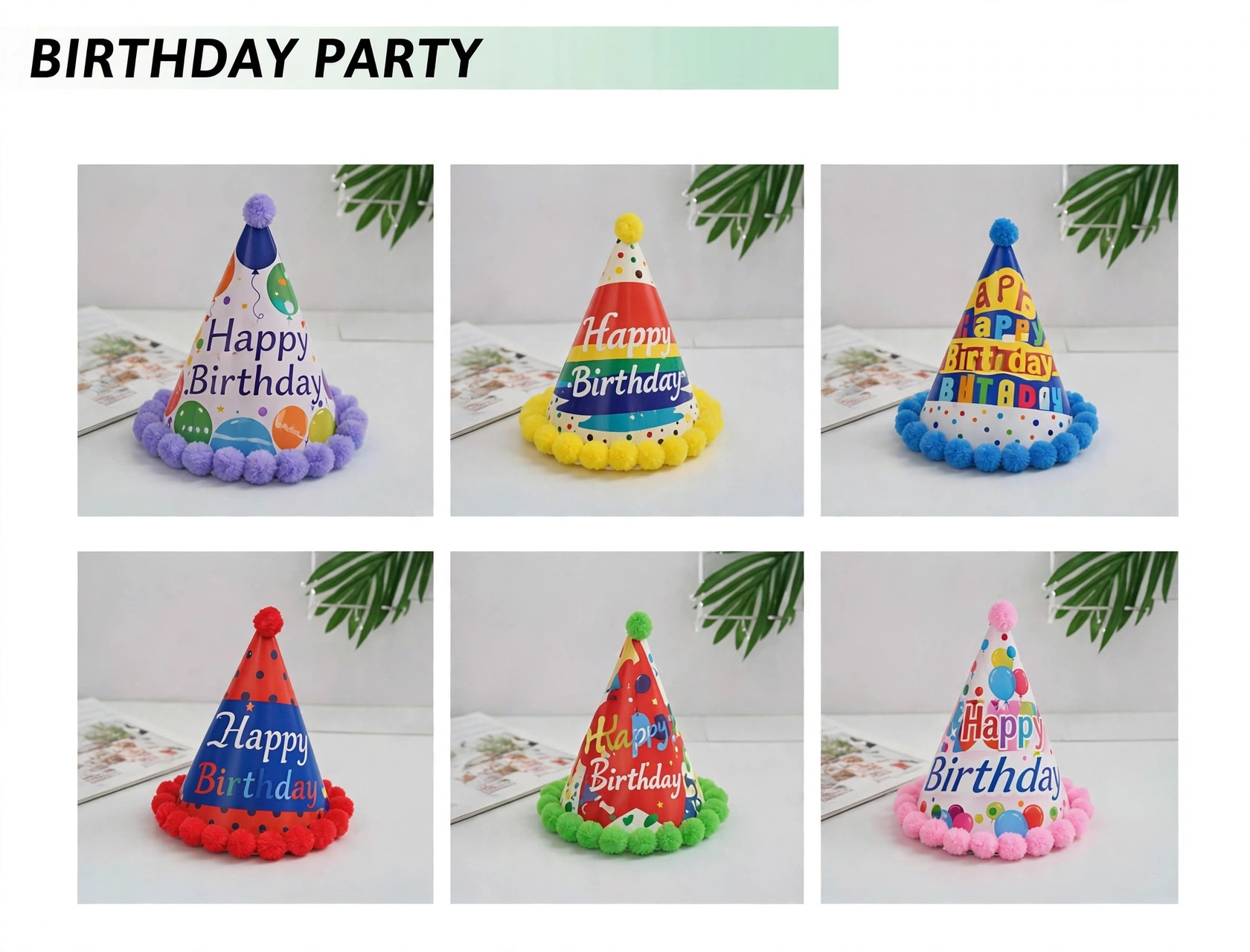 Gorros con pompones de Feliz Cumpleaños