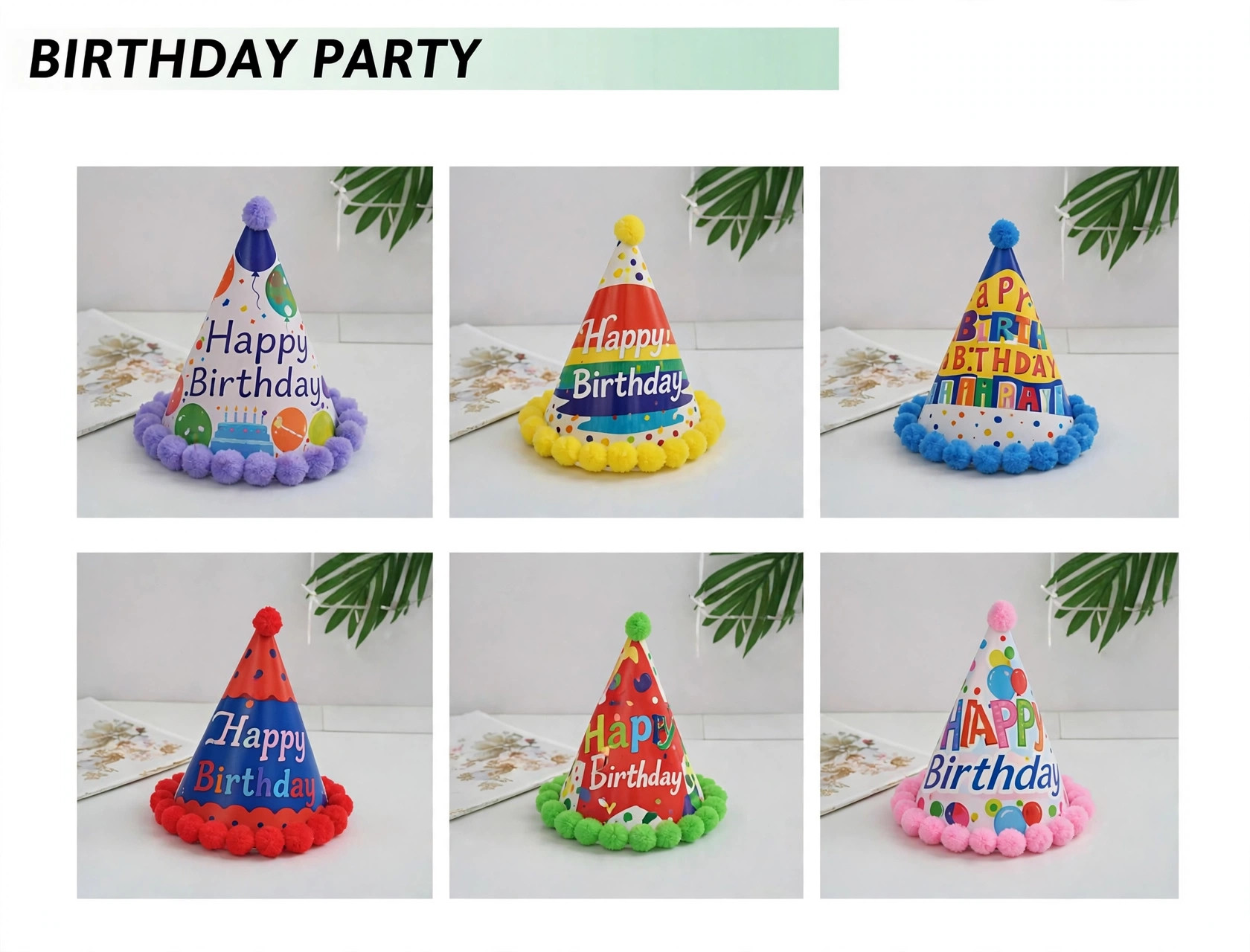 Gorros con pompones de Feliz Cumpleaños